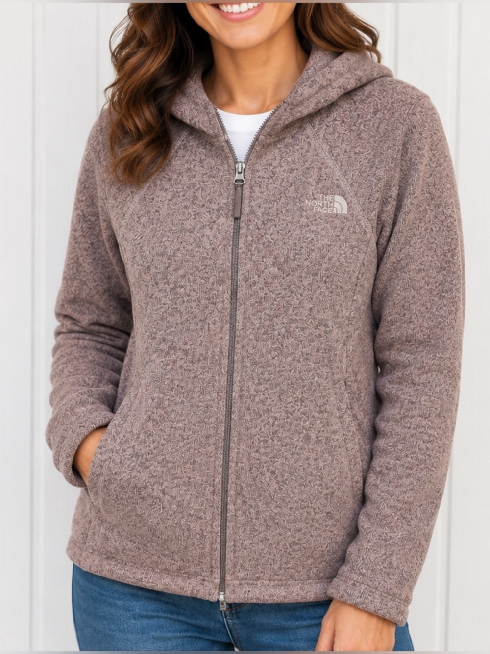 Women's North Face Crescent Full Zip Sweater Hooded Jacket Heather Purple Large